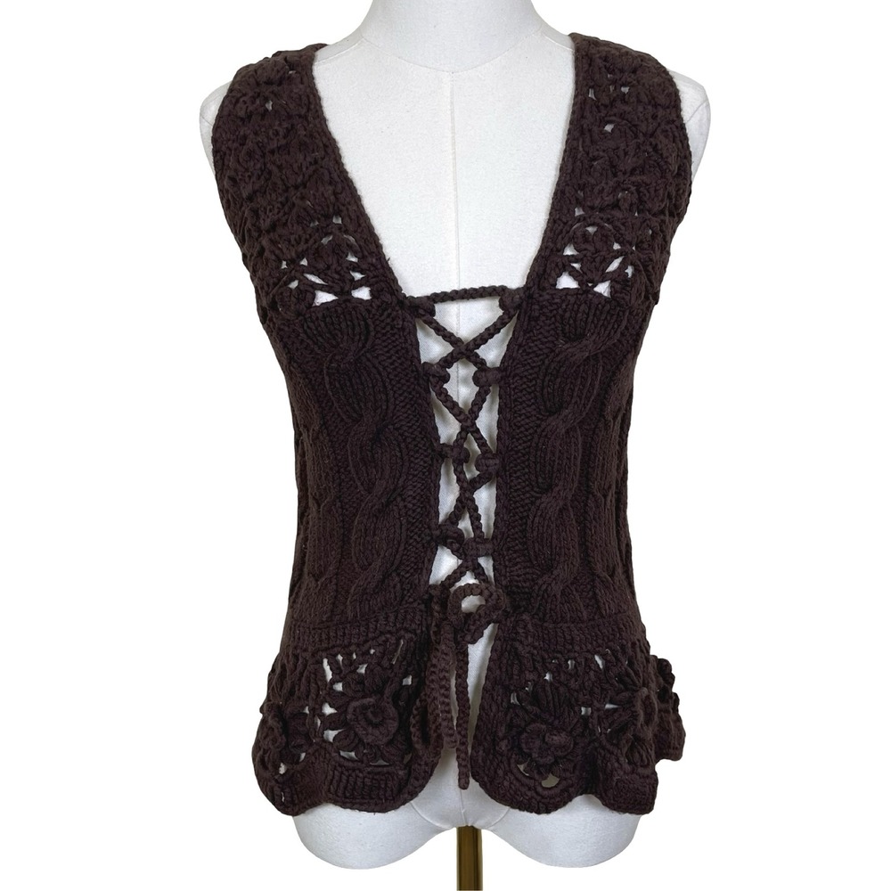 Vintage Nellik Crochet Lace Up Vest Women XS Brown Knit Floral Boho Festival Y2K